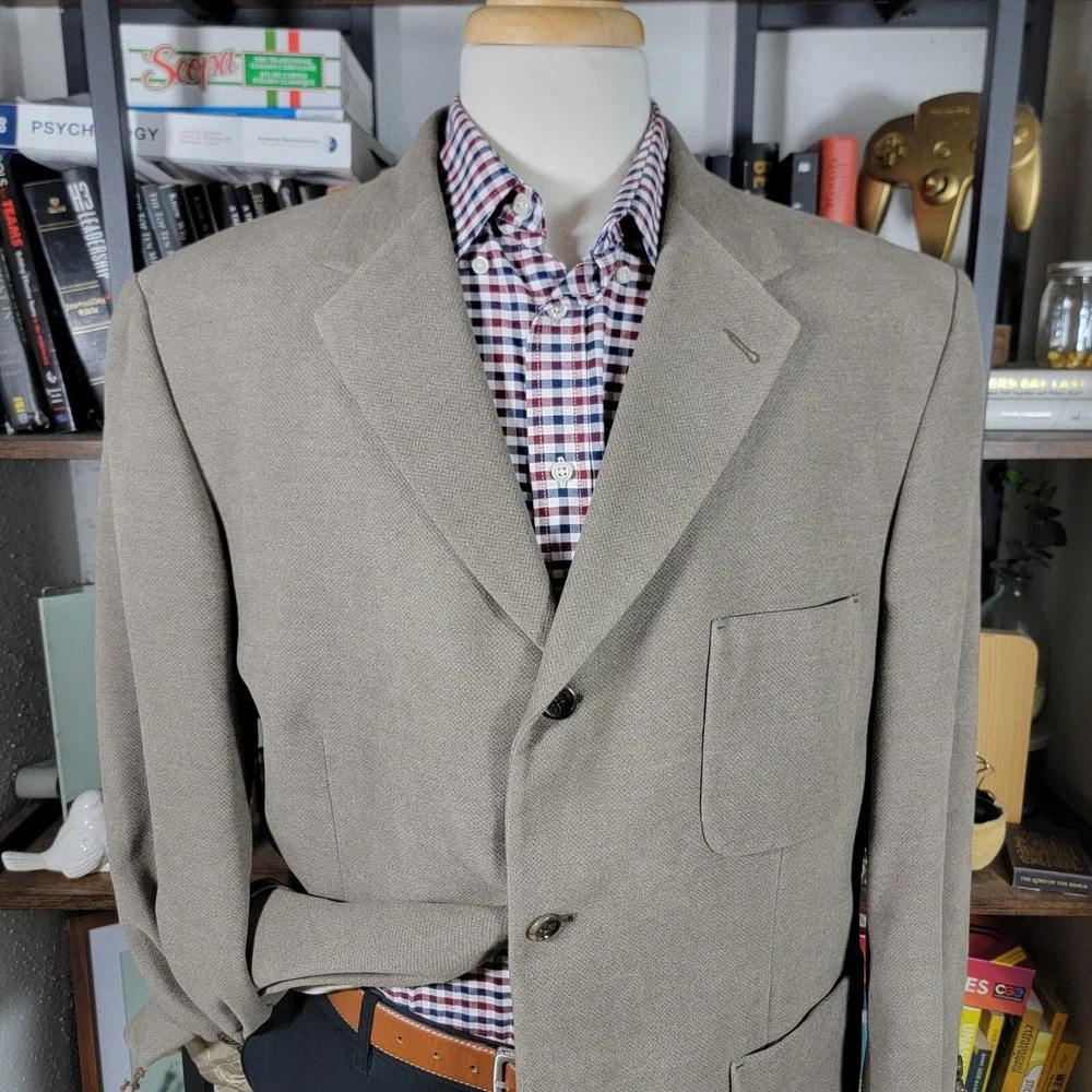 Haggar Black Label Mens Suede Sport Coat Blazer Three Button Brown Polyester 46R